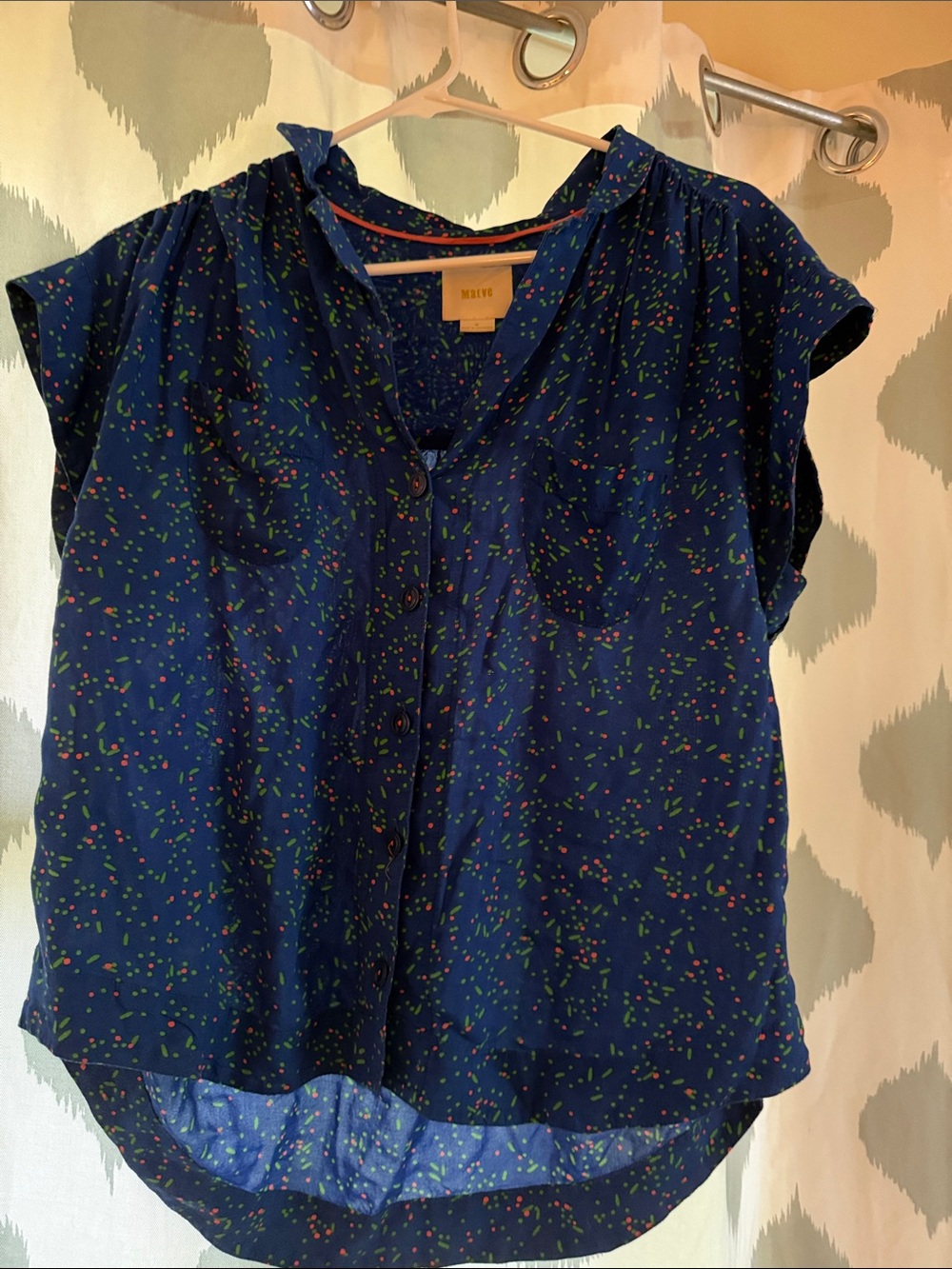 Maeve Navy Button-Down Cap Sleeve Top with Multicolor Confetti